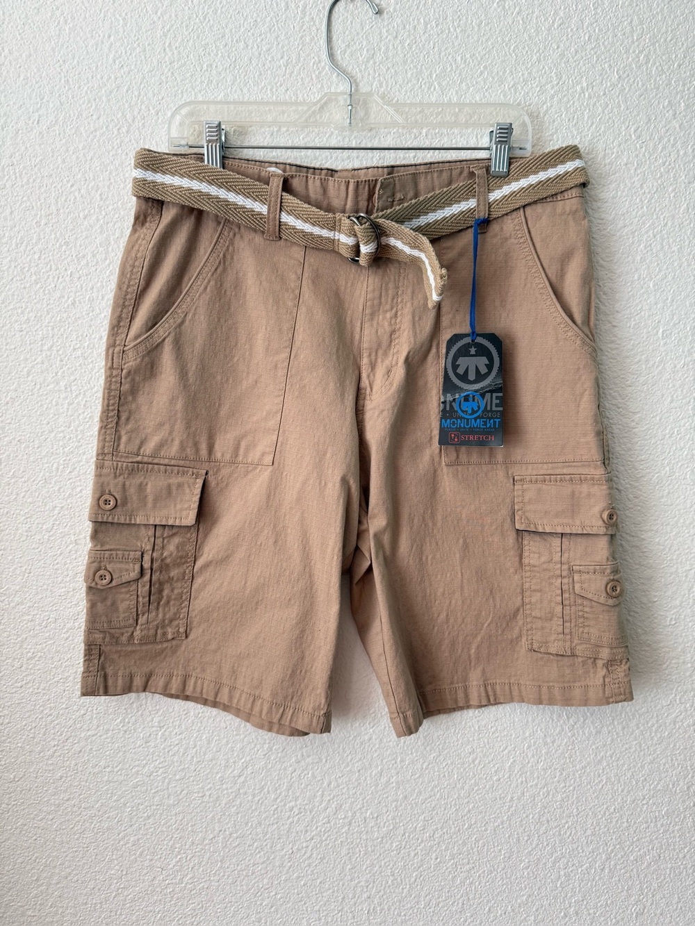 Monument Union Forge Mens Khaki Cargo Shorts Stretch Belted NWT Size 34
